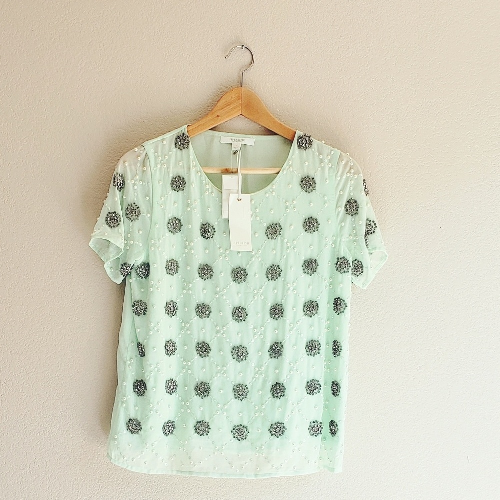 Piperlime Bejeweled Chiffon Top in Mint